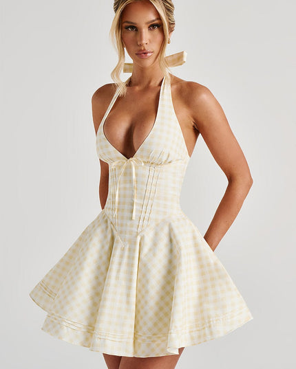 Women's Gingham Halter Plunge Mini Summer Dress