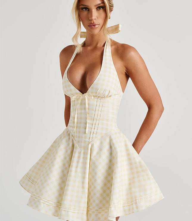 Women's Gingham Halter Plunge Mini Summer Dress