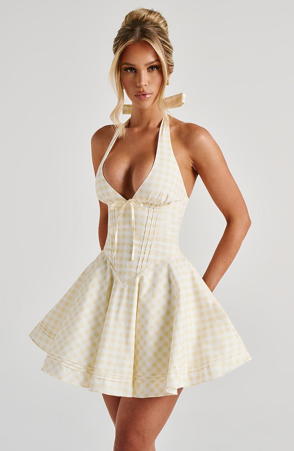 Women's Gingham Halter Plunge Mini Summer Dress