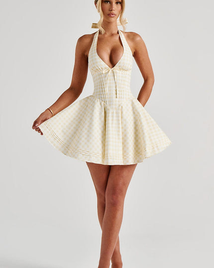 Women's Gingham Halter Plunge Mini Summer Dress
