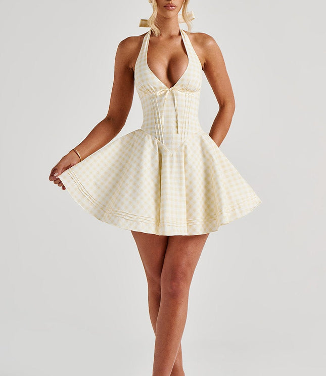 Women's Gingham Halter Plunge Mini Summer Dress