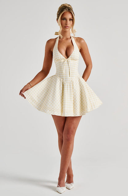 Women's Gingham Halter Plunge Mini Summer Dress