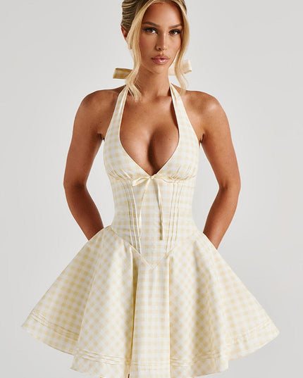 Women's Gingham Halter Plunge Mini Summer Dress