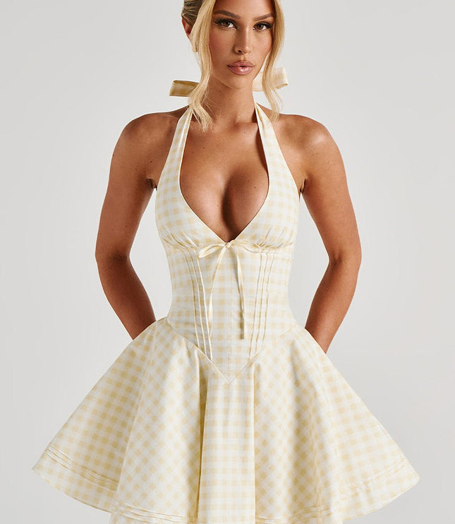 Women's Gingham Halter Plunge Mini Summer Dress