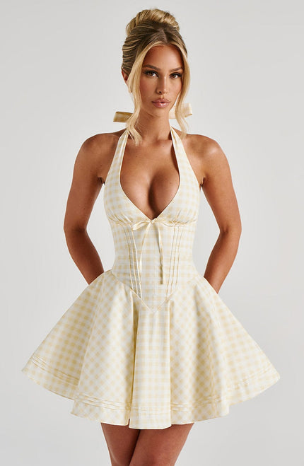 Women's Gingham Halter Plunge Mini Summer Dress