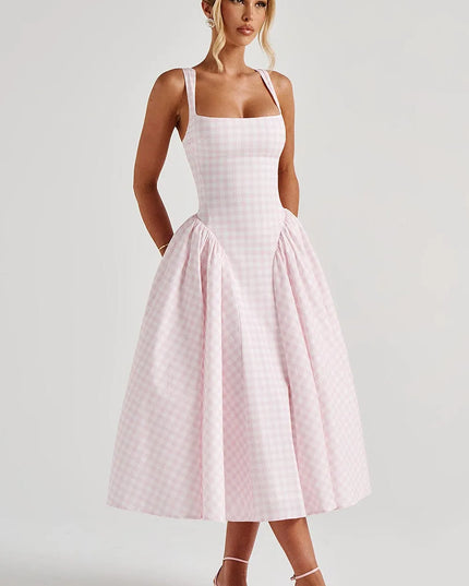 Front view of pink checkered square neck midi dress with pleated skirt