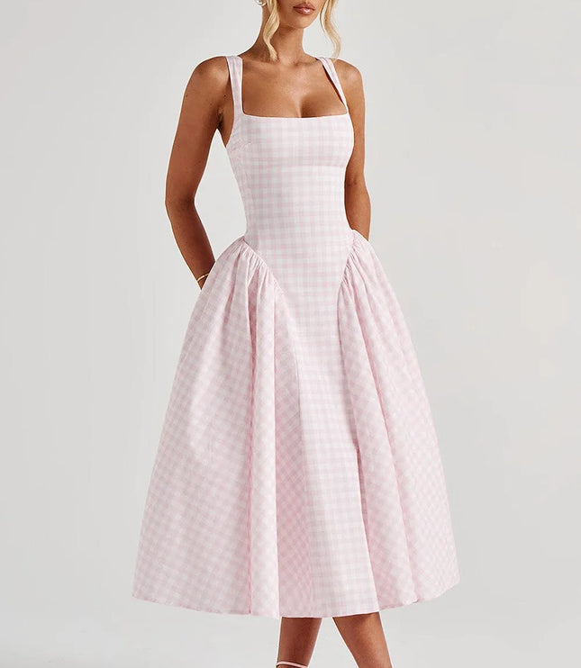 Front view of pink checkered square neck midi dress with pleated skirt