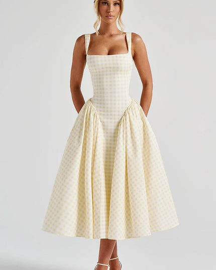 Cream gingham square neck midi prom dress with full A-line skirt