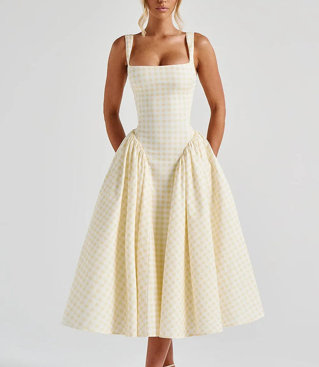 Cream gingham square neck midi prom dress with full A-line skirt
