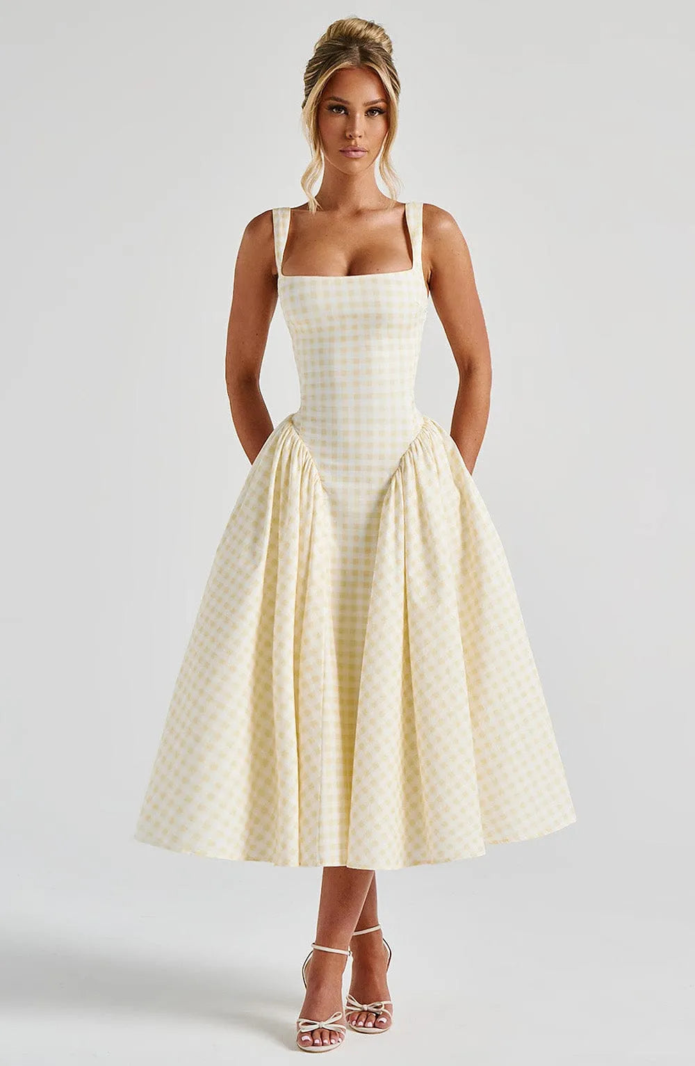 Cream gingham square neck midi prom dress with full A-line skirt