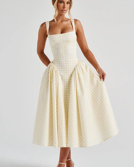 Front view of cream checkered square neck midi dress with pockets