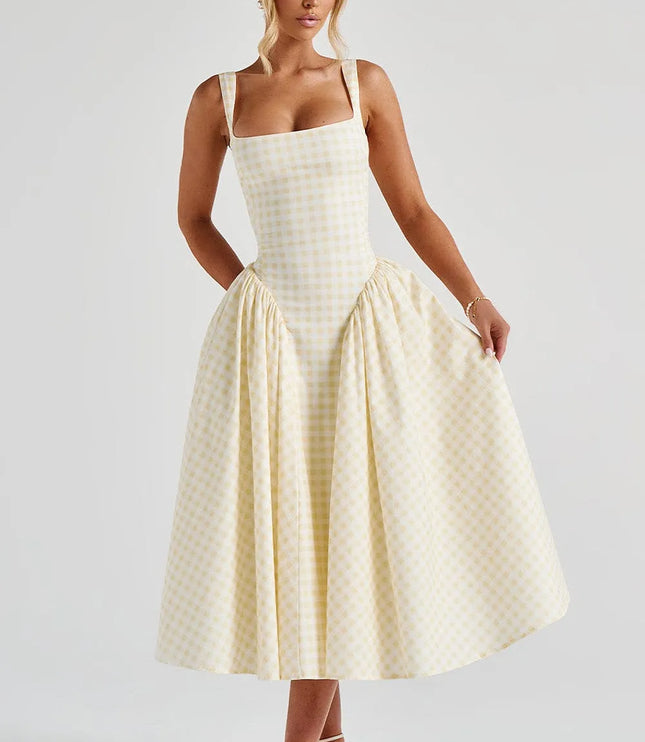 Front view of cream checkered square neck midi dress with pockets