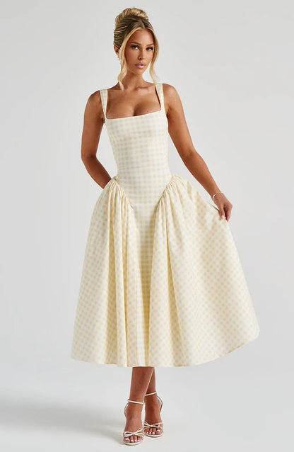 Front view of cream checkered square neck midi dress with pockets