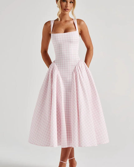 Pink gingham square neck midi prom dress with full skirt and pockets
