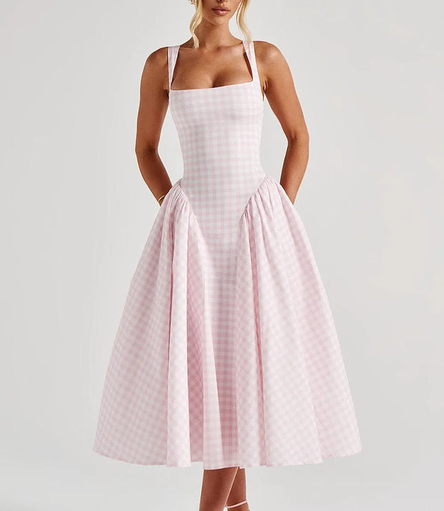 Pink gingham square neck midi prom dress with full skirt and pockets
