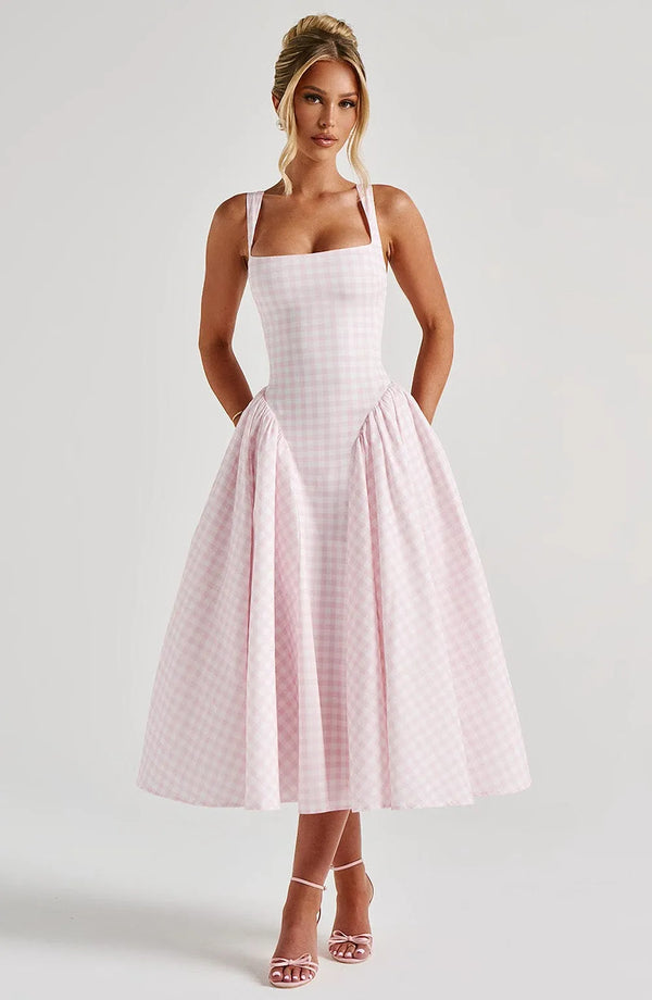 Pink gingham square neck midi prom dress with full skirt and pockets
