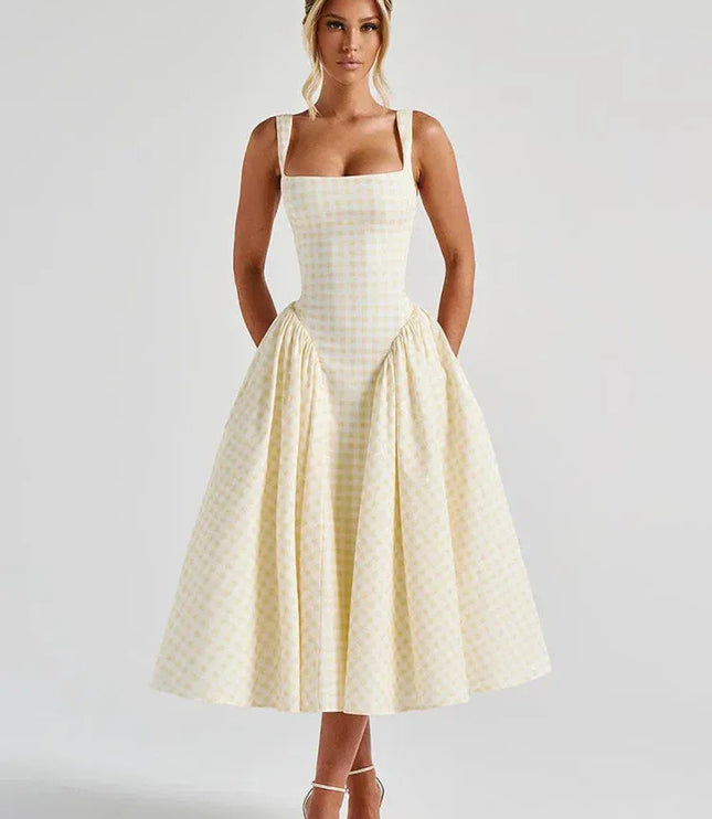 Cream gingham square neck midi dress with full skirt and side pockets