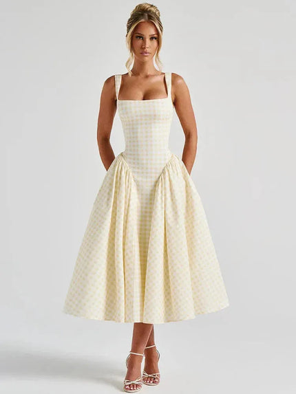 Cream gingham square neck midi dress with full skirt and side pockets