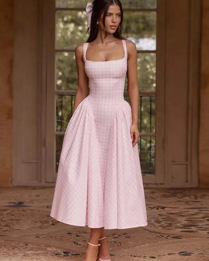 Pink gingham square neck midi dress with full skirt and sleeveless design