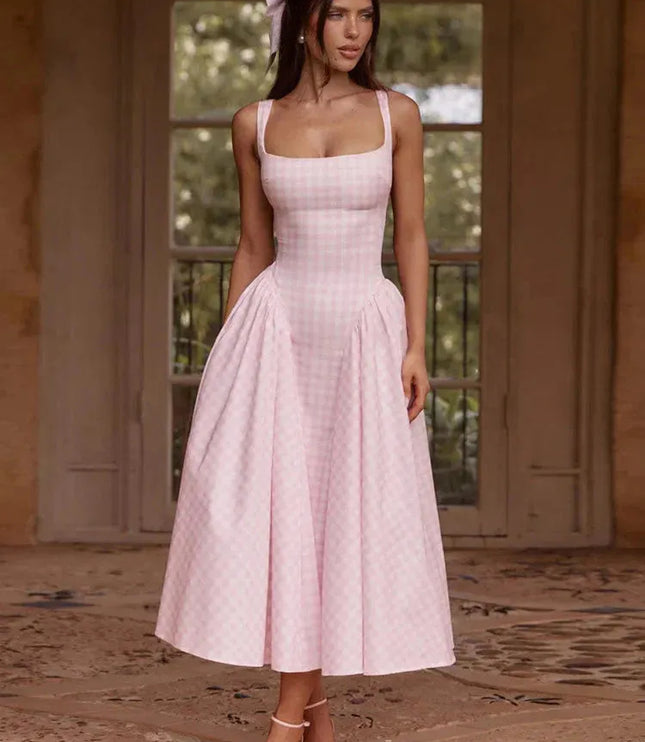 Pink gingham square neck midi dress with full skirt and sleeveless design