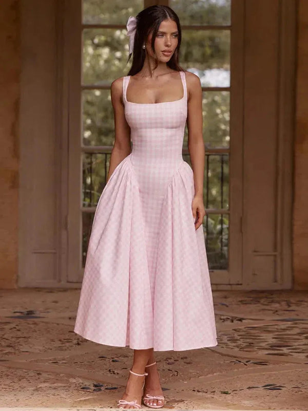 Pink gingham square neck midi dress with full skirt and sleeveless design