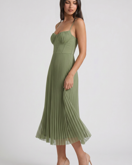 Women's Green V-Neck Floral Midi Cocktail Summer Dress