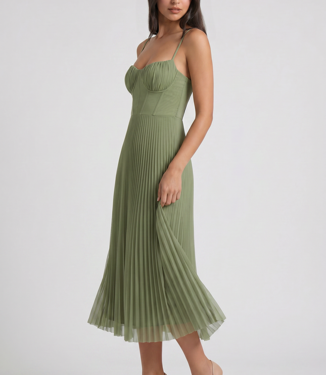 Women's Green V-Neck Floral Midi Cocktail Summer Dress