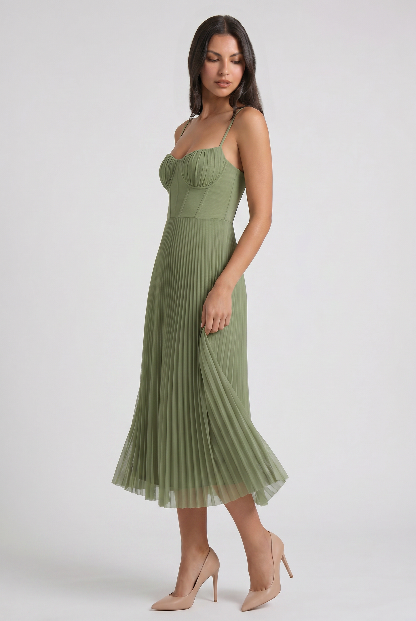 Women's Green V-Neck Floral Midi Cocktail Summer Dress