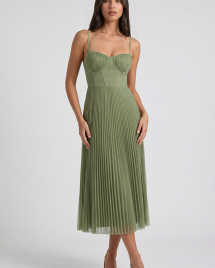 Women's Green V-Neck Floral Midi Cocktail Summer Dress