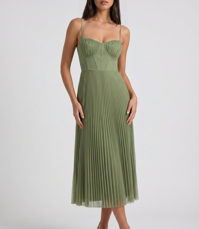 Women's Green V-Neck Floral Midi Cocktail Summer Dress