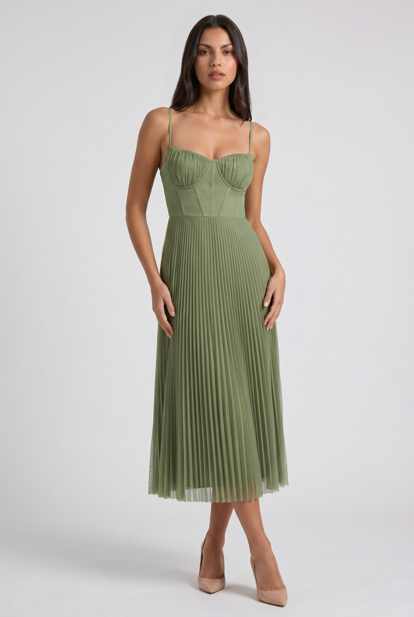 Women's Green V-Neck Floral Midi Cocktail Summer Dress