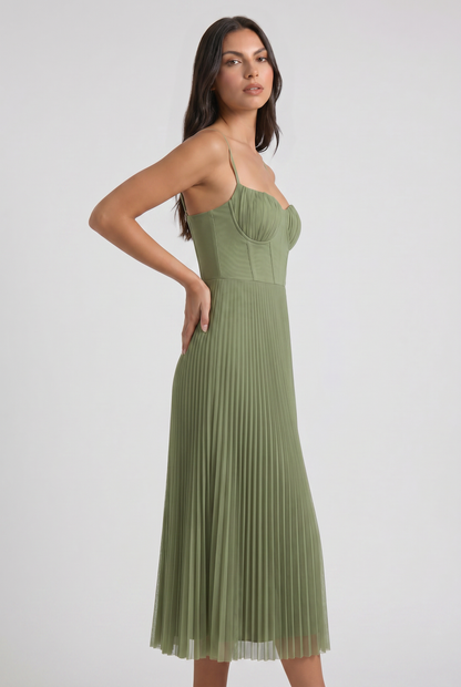 Women's Green V-Neck Floral Midi Cocktail Summer Dress