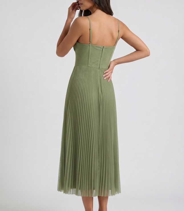 Women's Green V-Neck Floral Midi Cocktail Summer Dress