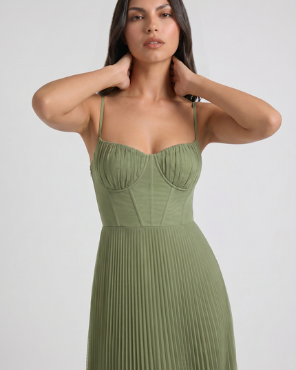 Women's Green V-Neck Floral Midi Cocktail Summer Dress
