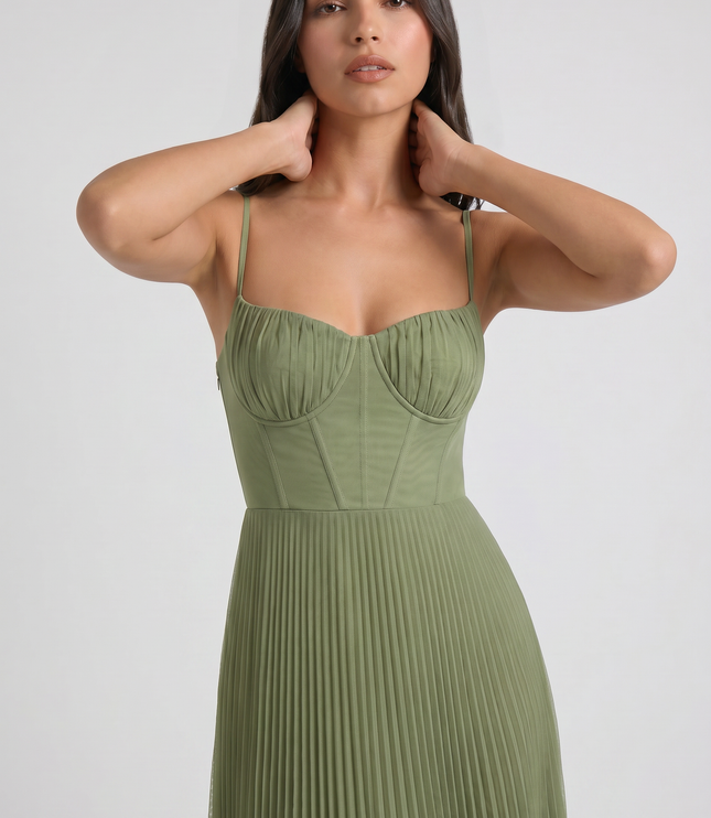 Women's Green V-Neck Floral Midi Cocktail Summer Dress