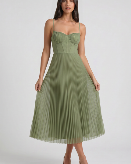 Women's Green V-Neck Floral Midi Cocktail Summer Dress
