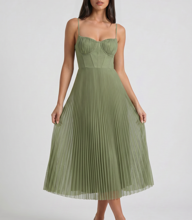 Women's Green V-Neck Floral Midi Cocktail Summer Dress