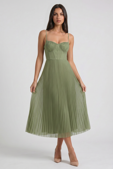 Women's Green V-Neck Floral Midi Cocktail Summer Dress
