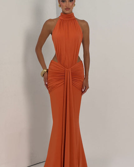Women's Halter Backless Ruched Sleeveless Maxi Dress