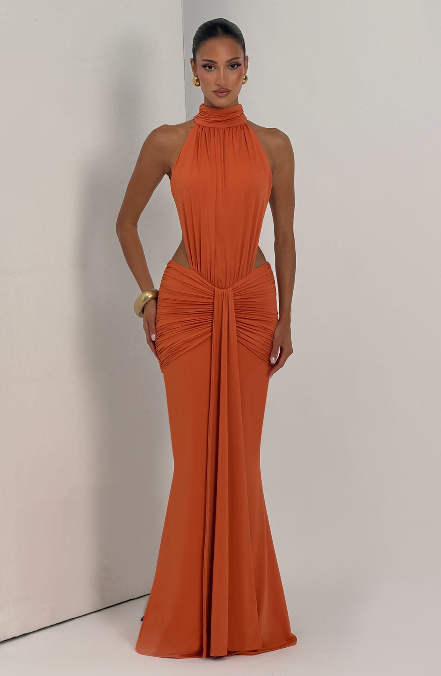 Women's Halter Backless Ruched Sleeveless Maxi Dress