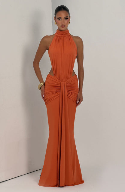 Women's Halter Backless Ruched Sleeveless Maxi Dress
