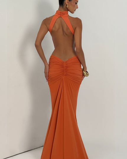 Women's Halter Backless Ruched Sleeveless Maxi Dress