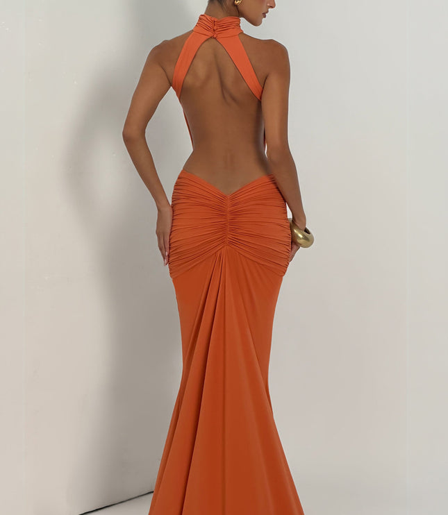 Women's Halter Backless Ruched Sleeveless Maxi Dress