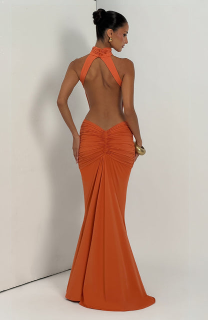 Women's Halter Backless Ruched Sleeveless Maxi Dress