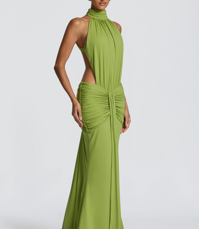 Women's Halter Backless Ruched Sleeveless Maxi Dress