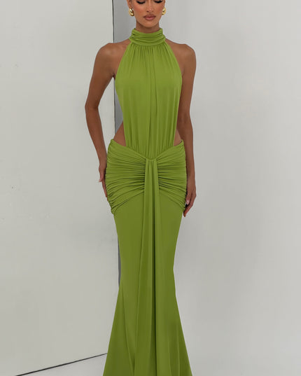 Women's Halter Backless Ruched Sleeveless Maxi Dress