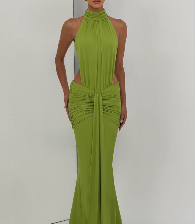Women's Halter Backless Ruched Sleeveless Maxi Dress