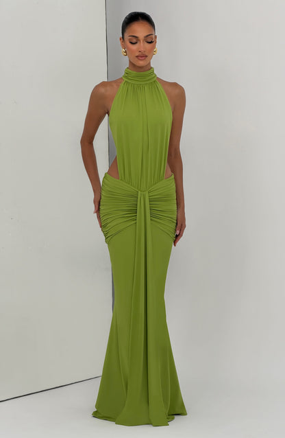 Women's Halter Backless Ruched Sleeveless Maxi Dress