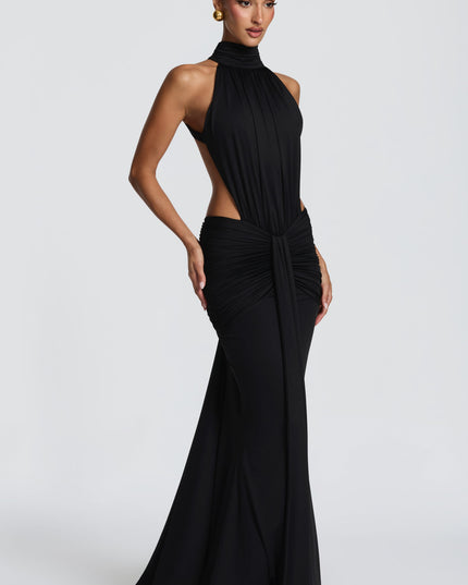 Women's Halter Backless Ruched Sleeveless Maxi Dress