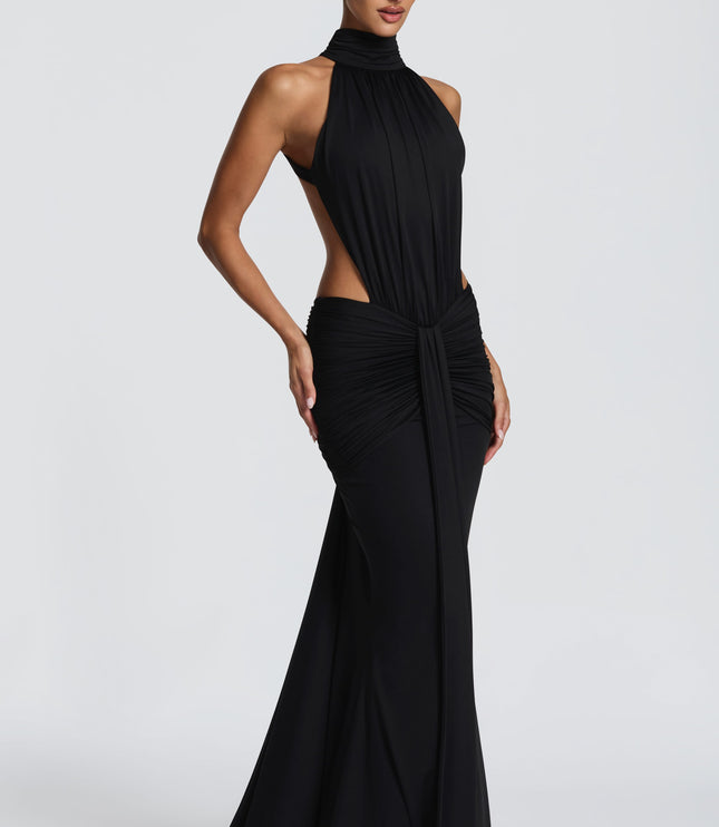 Women's Halter Backless Ruched Sleeveless Maxi Dress
